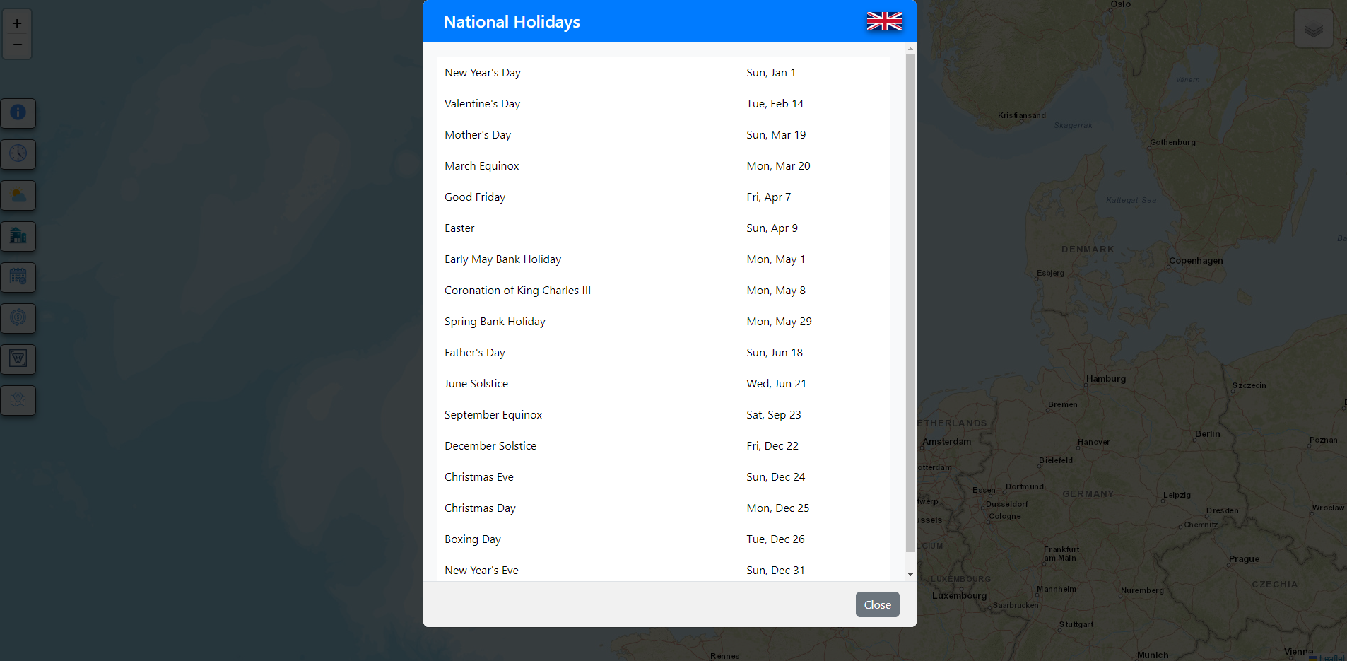 Gazetteer Website Application Screenshot National Holidays