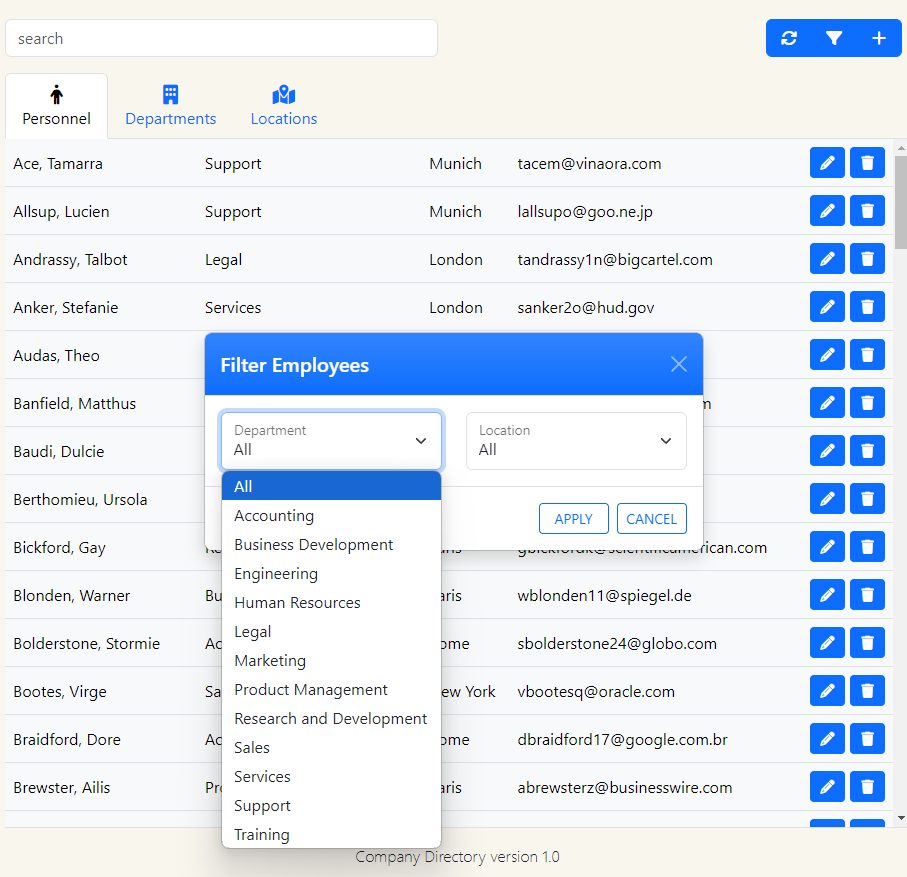 Company Directory Website Database Application Fiter 1 Screenshot