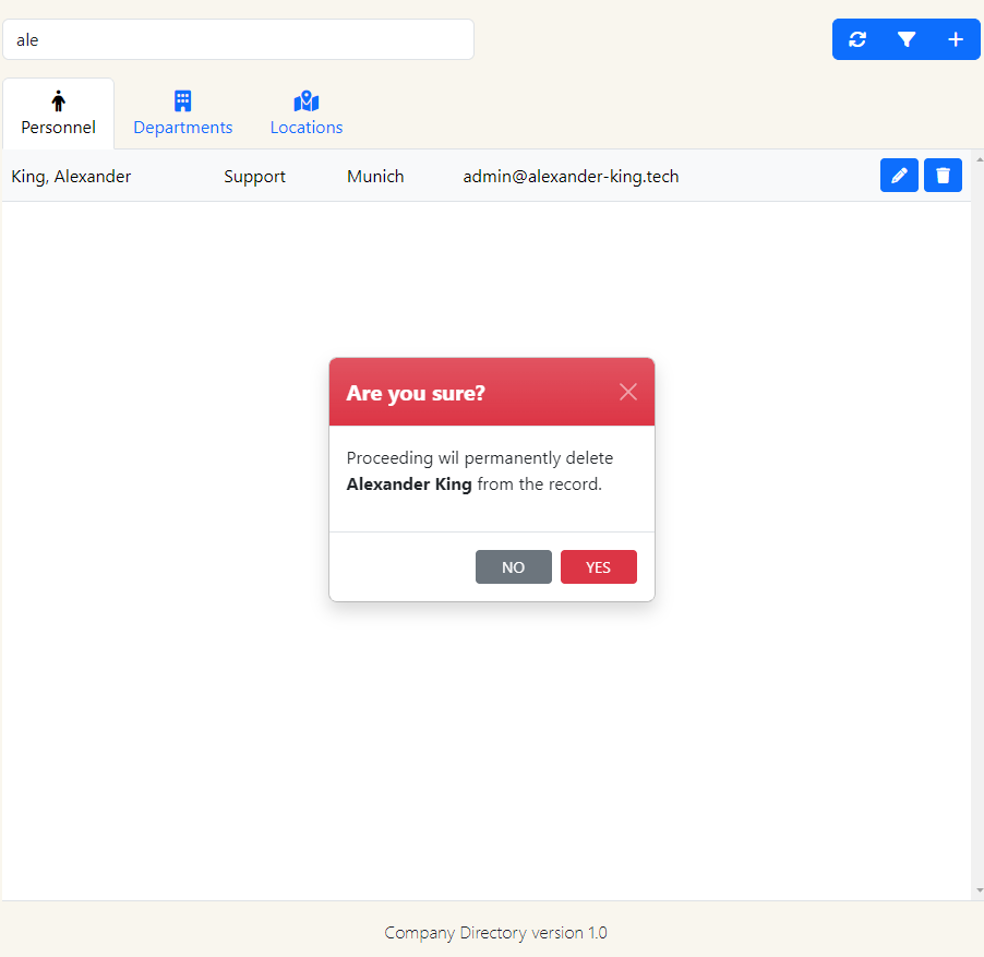 Company Directory Website Database Application Delete Employee Screenshot
